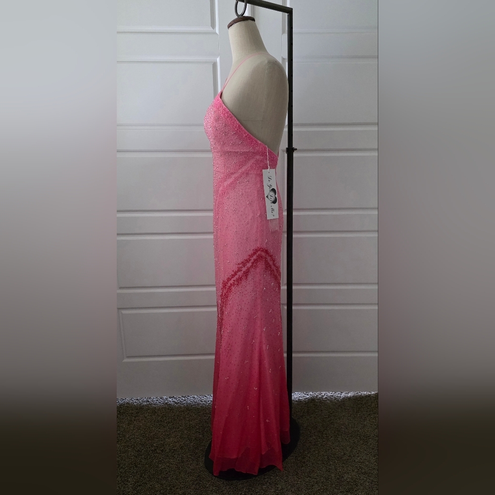 Pink Ombre Beaded A-line Halter Evening Gown - Picture 3 of 10